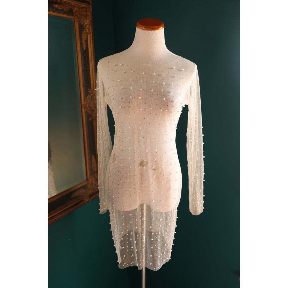 Beaded Pearl Rhinestone Cover Up Midi Dress Mesh See Through Long Sleeve